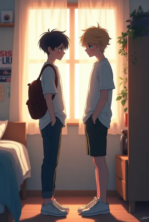 Two  anime boy standing next to each other in their room they are not looking at each other