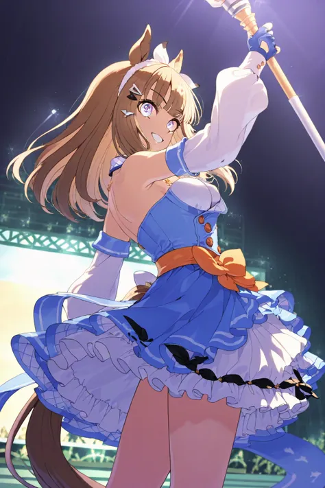 almond eye (umamusume)、 idol costume、 above the stage、 idol pose、back shot