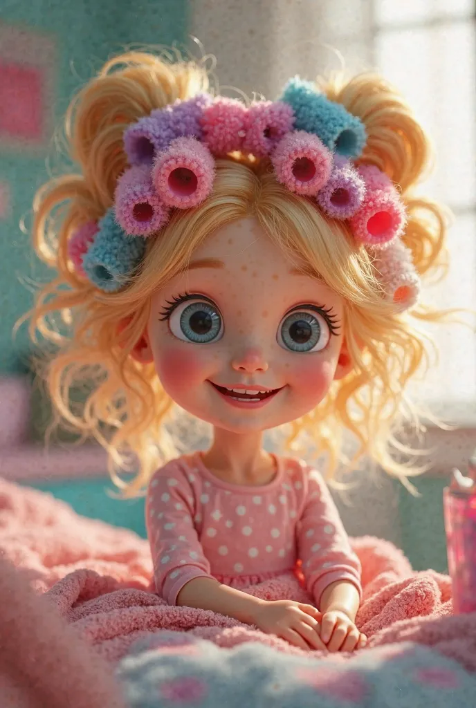 Images of a blonde girl with curlers