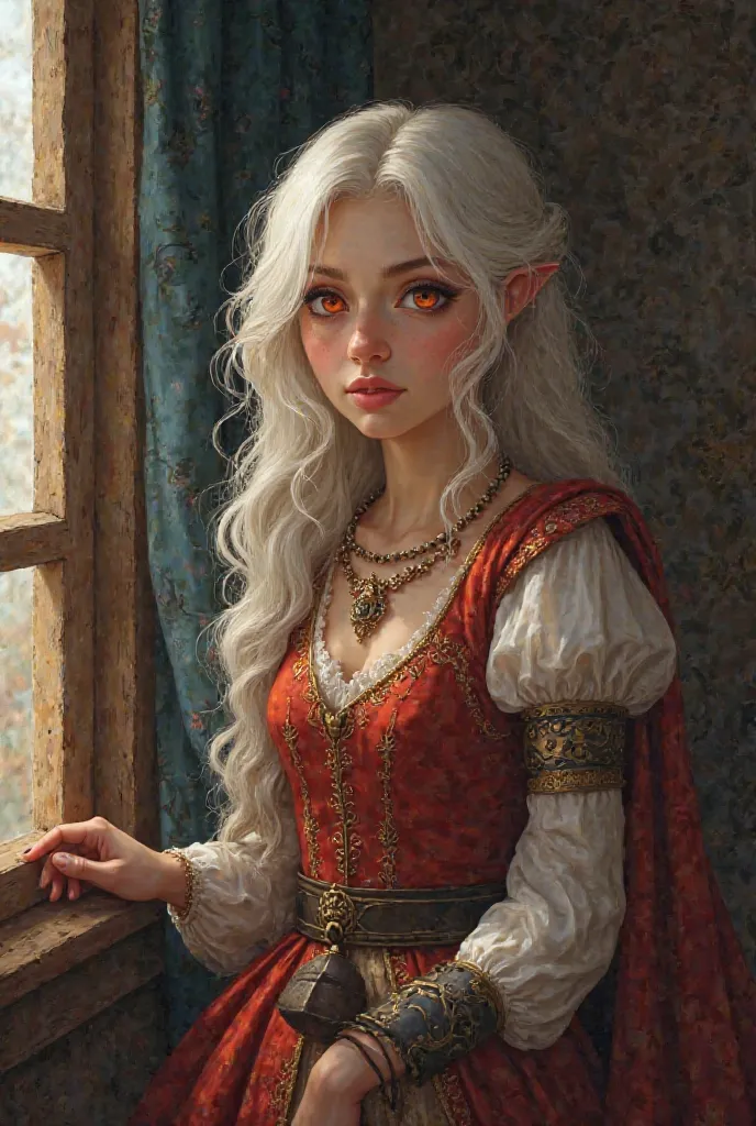 Create for me the wife of this knight. She is affectionate with white hair, red eyes and a small porch. She is very adorable and pretty and is well dressed. She eagerly awaits her knight at home. She has arrived in her twenties. She looks out the window as...