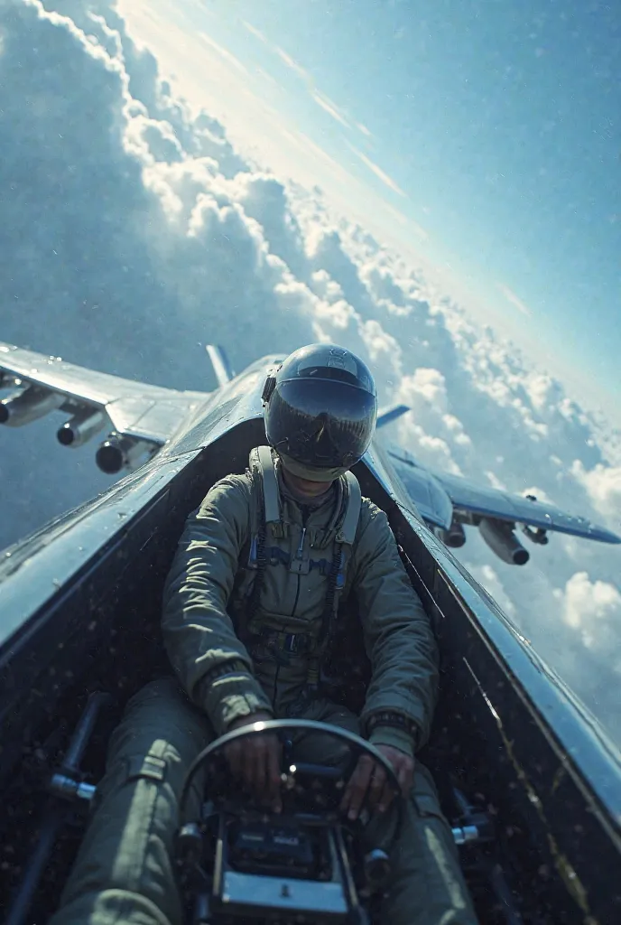 Perspective of a fighter pilot flying in the clouds