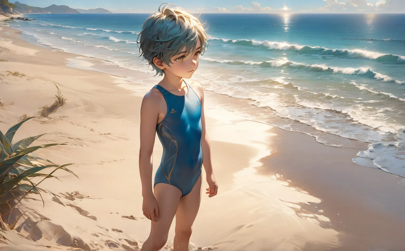 Aqua Blue Long Haired Boy，Golden pupil，Flat chest，Blue Swimsuit， Bare Thighs，seaside，High Resolution,  Best Quality , Small individuals， stands，Sunlight，front