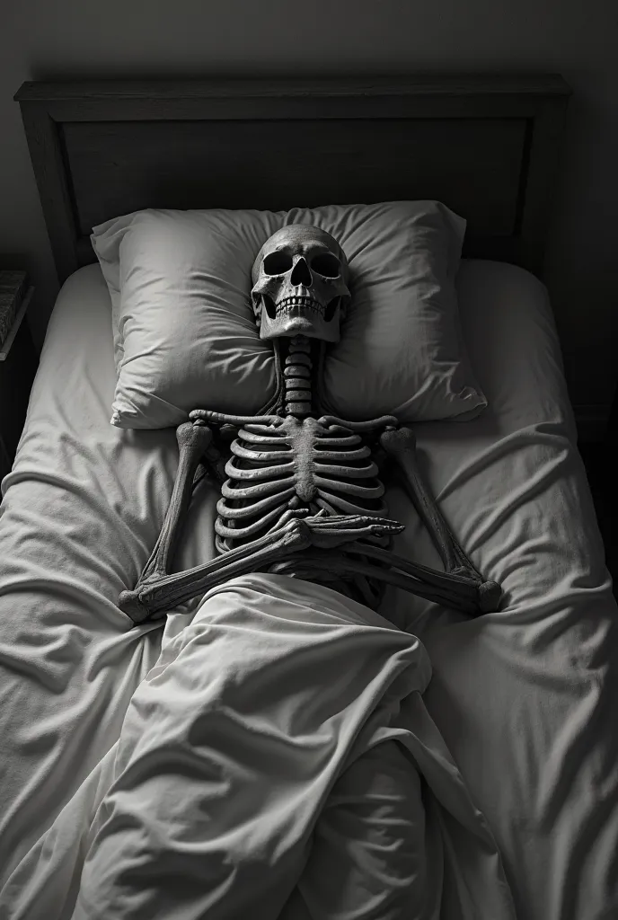 A skinny man centered on his bed with his hands on his chest, terrifying black and white image. 