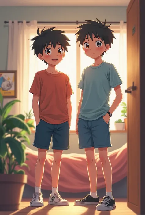 Two  anime boy standing next to each other in their room they are looking at you