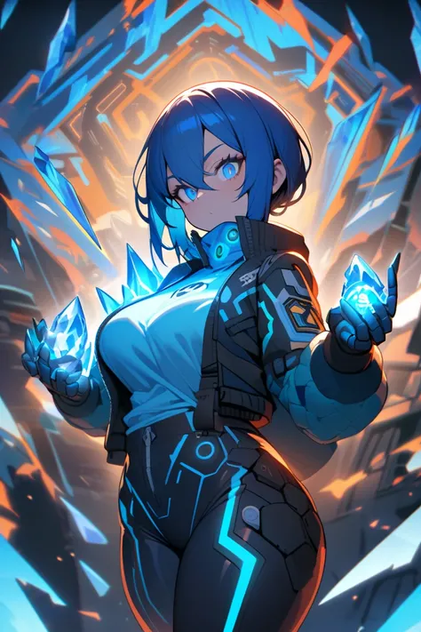 A women with glowing blue hair with orange strands and glowing blue eyes  and  cybernetic outlaw outlaw and glowing outfit and a glowing blue  and glowing blue vortex and ice shard background and  cool jacket and tattoo and dragon on side  and a ice orb in...