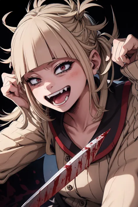 Himiko Toga,detailed portrait of Himiko Toga,anime girl with long blonde hair,sharp teeth,crazed expression,holding knife,blood-stained clothes,dark background,digital art,intricate details,highly detailed,photorealistic,masterpiece,8K,HDR,vivid colors,dra...