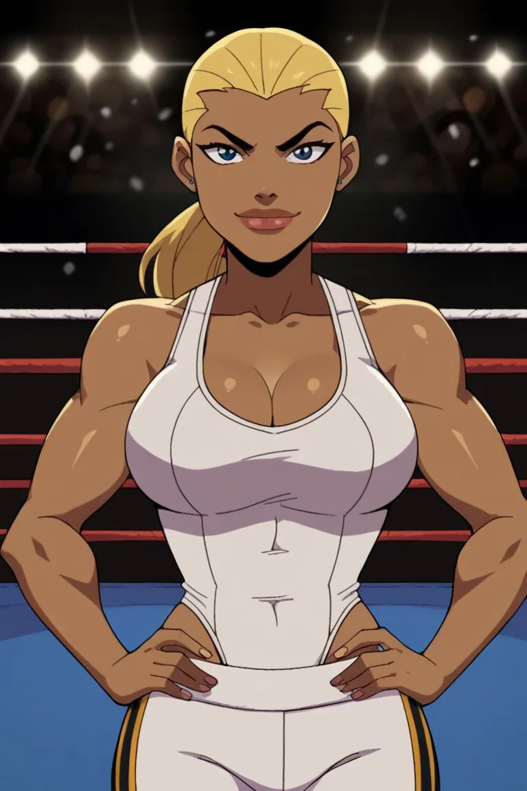 score_9, score_8_up, score_7_up, source_cartoon,artemis, blonde hair, long hair, big lips, dark skin, large breasts, white wrestling singlet,  BREAK standing, smile, closed mouth, determined expression, looking at viewer, solo, front view, face focus, indo...