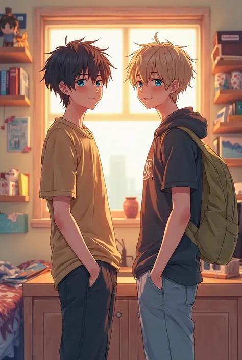 Two highschool anime boy standing next to each other in their room they are looking at you