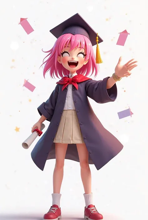 Amy Rose wearing a student graduation outfit and a diploma in her hand and on a white background 