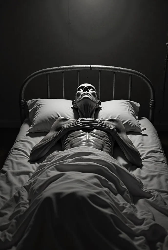 A skinny man centered on his bed with his hands on his chest, horror image in black and white 