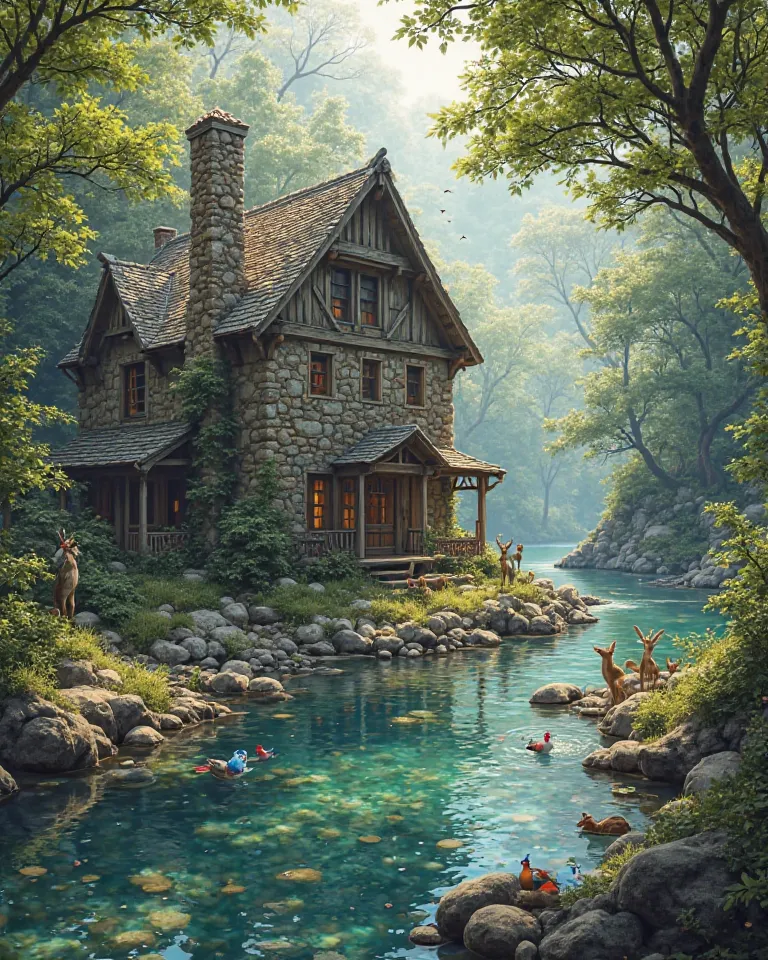 "A rustic two-story stone house, with large windows and an aged wooden roof, set amidst a dense and vibrant forest. The house is surrounded by a crystalline river that flows gently around, reflecting the soft sunlight that crosses the treetops. Several col...