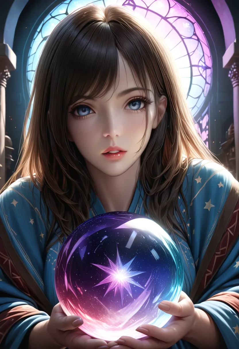 A beautiful female astrologer, detailed face and eyes, intricate star-patterned robe, holding a crystal ball, cosmic background, (best quality,4k,8k,highres,masterpiece:1.2),ultra-detailed,(realistic,photorealistic,photo-realistic:1.37),fantasy art,cinemat...