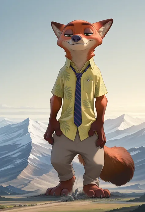  Masterpiece ,Best quality,military uniform amazing quality,
1 man, solo, a male,  man, One, fluffy, Nick Wilde, Zootopia , khaki shirts, green Hawaiian shirt, rises above mountains and terrain,  mountains are smaller than paws, goes, Stomp , macro, giga-s...