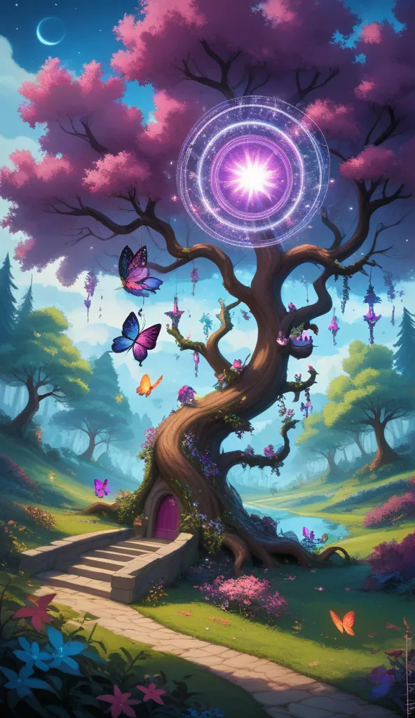 "A magical 3D scene full of vibrant colors, showing Zoe, the Twilight Messenger, floating happily in an enchanted forest. She is surrounded by a glowing aura of rainbow energy, with constellations and rotations surrounding you, as she channels her cosmic m...