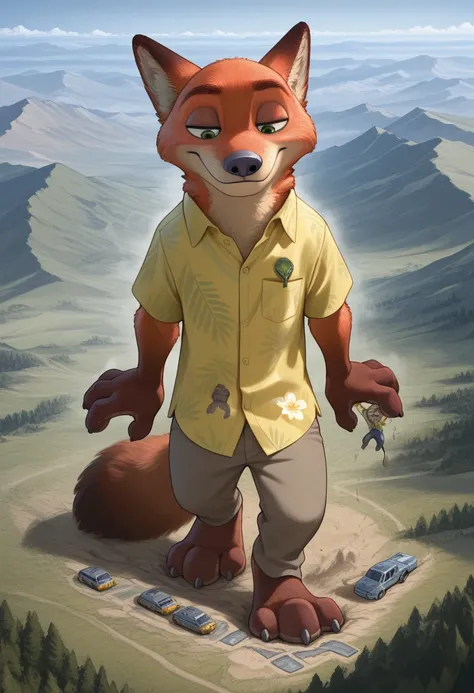  Masterpiece ,Best quality,military uniform amazing quality,
1 man, solo, a male,  man, One, fluffy, Nick Wilde, Zootopia , khaki shirts, green Hawaiian shirt, rises above mountains and terrain,  mountains are smaller than paws, goes, Stomp , macro, giga-s...