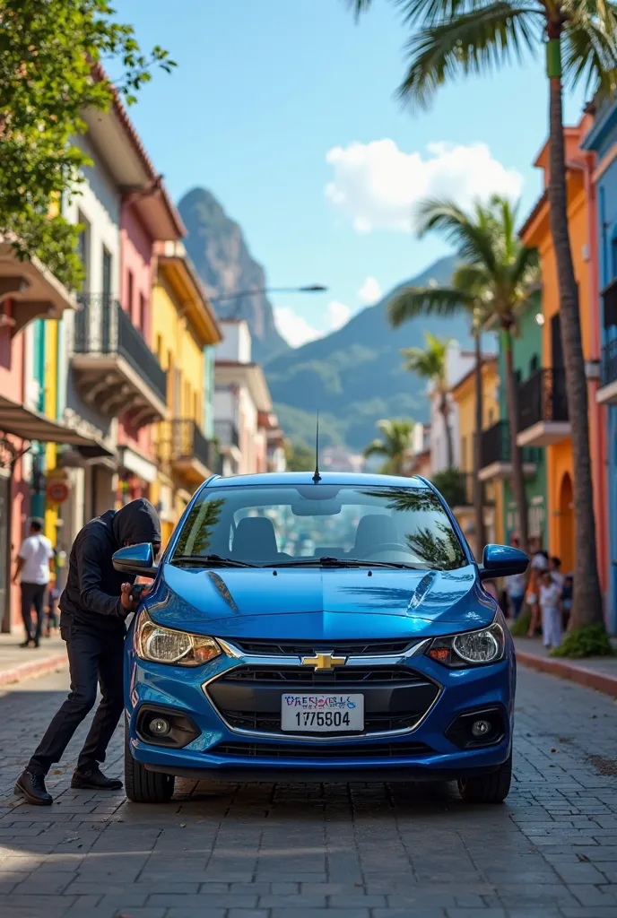 A new blue Chevrolet Onix Hatch parked on a street in Rio de Janeiro during the day with a thief outside trying to break into the door.
The car is in the center of the image leaving space for me to place an auto insurance advertisement.
The farthest angle ...