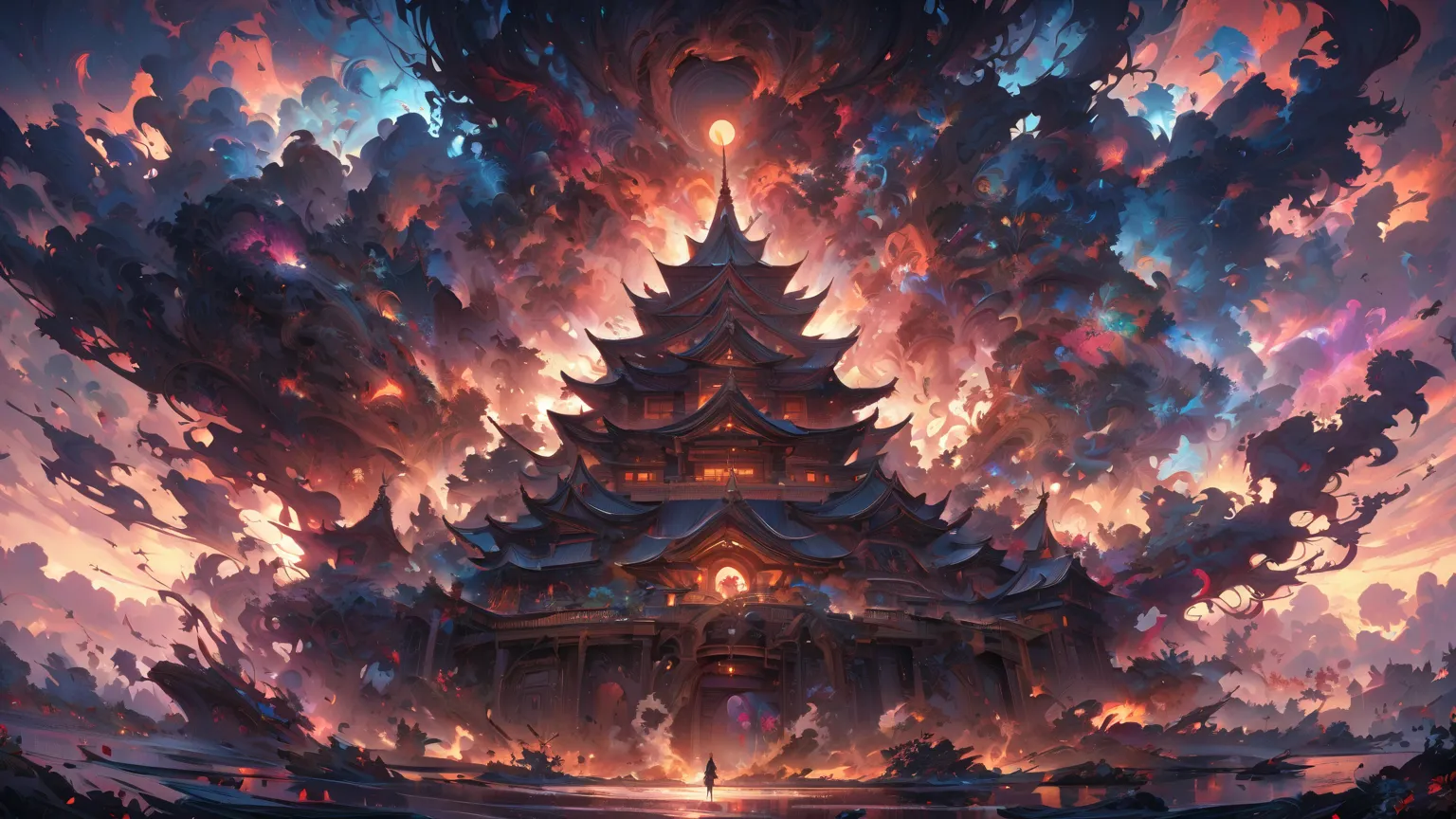 absurd、high definition、very detailed、（one girl：1.3）、designs beautiful temple scenes。A sense of peace and spirituality。creates destructive images of demons。It has terrifying characteristics、 dark power、The desire for chaos and destruction。adds rooftop views...