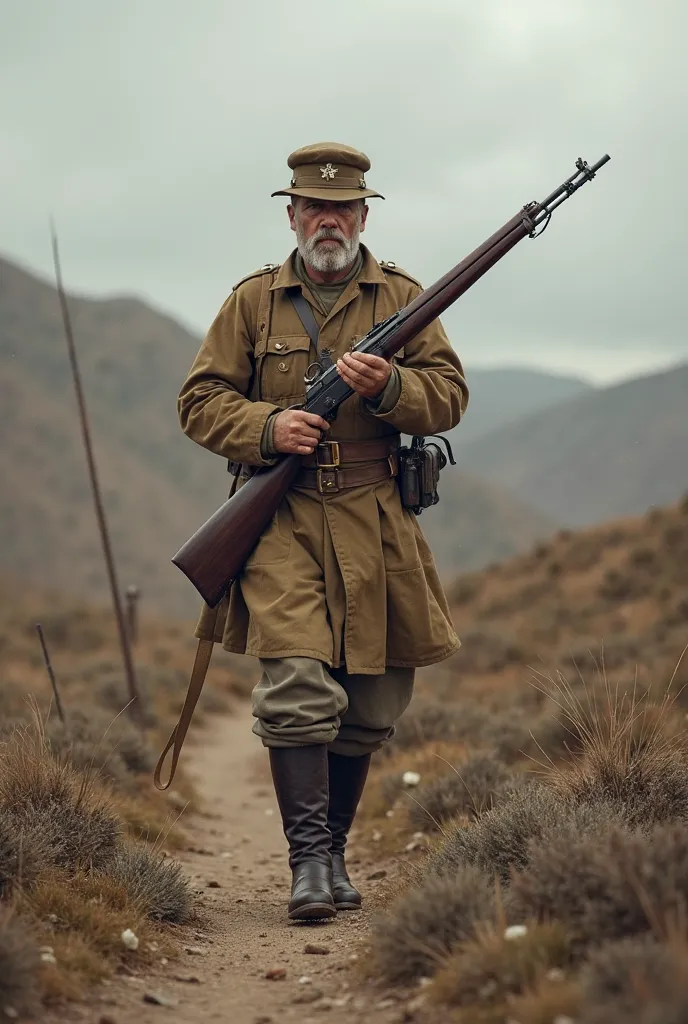 First-person view of a British soldier holding a rifle in the 19th century marching to war