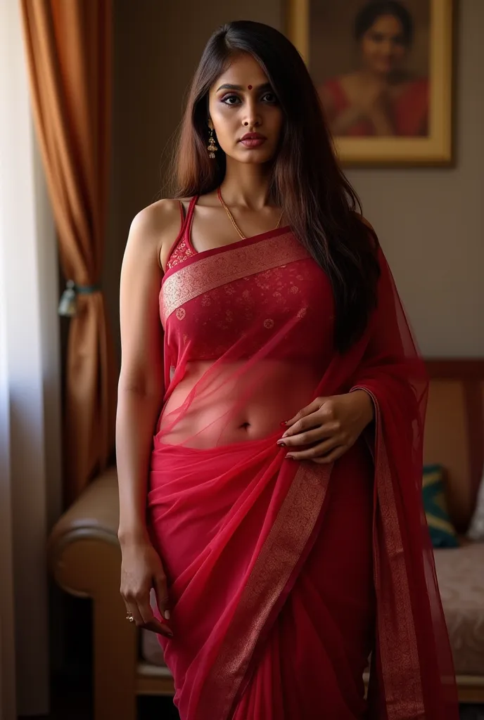 Front pose,indian milf (showing her navel), 35 year old,(masterpiece, best quality:1.2), 1girl, solo body photo,(( tall fleshy body)),mallu body, (showing her navel), saree, breasts,cleavage, sexy long waist, brown hair, cleavage, large breasts, lips, lips...