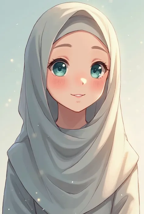 Anime ai babe,wearing a hijab closed, muslim hijab, Her hair does not look good.  smiles. White skin color eyes blue tosca. 