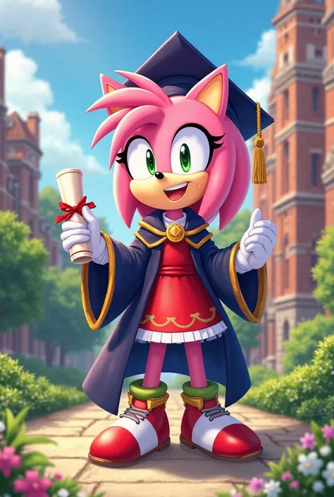 Amy Rose in a student graduation outfit and a diploma 