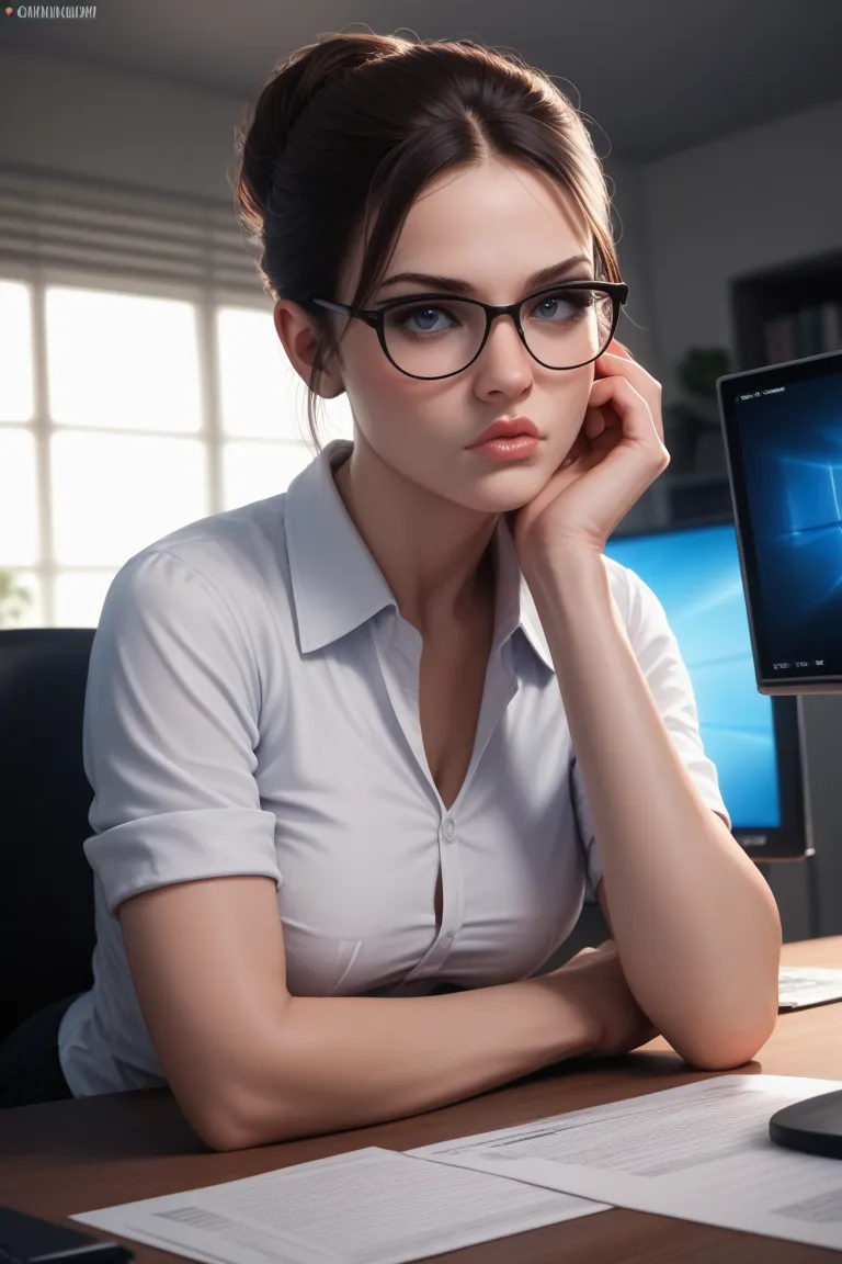 a woman looking at her computer screen seeing the words "server error" on the screen and looking confused, glasses, full lips
