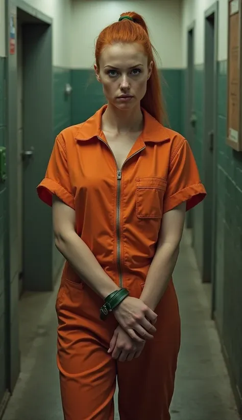 A British woman with ginger  hair and a ponytail haircut,firmlyhandcuffed. She's arrested in  a prison cell. She's wearing a zipped orange prison jumpsuit, green rubber boots. Fullbody veiw