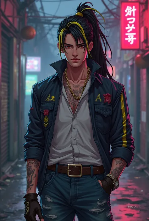 Anime mafia young man  have long black pony tail with yellow stripes, he's tall , he's wearing a bad gang clothes , he's standing while putting his hands inside pocket