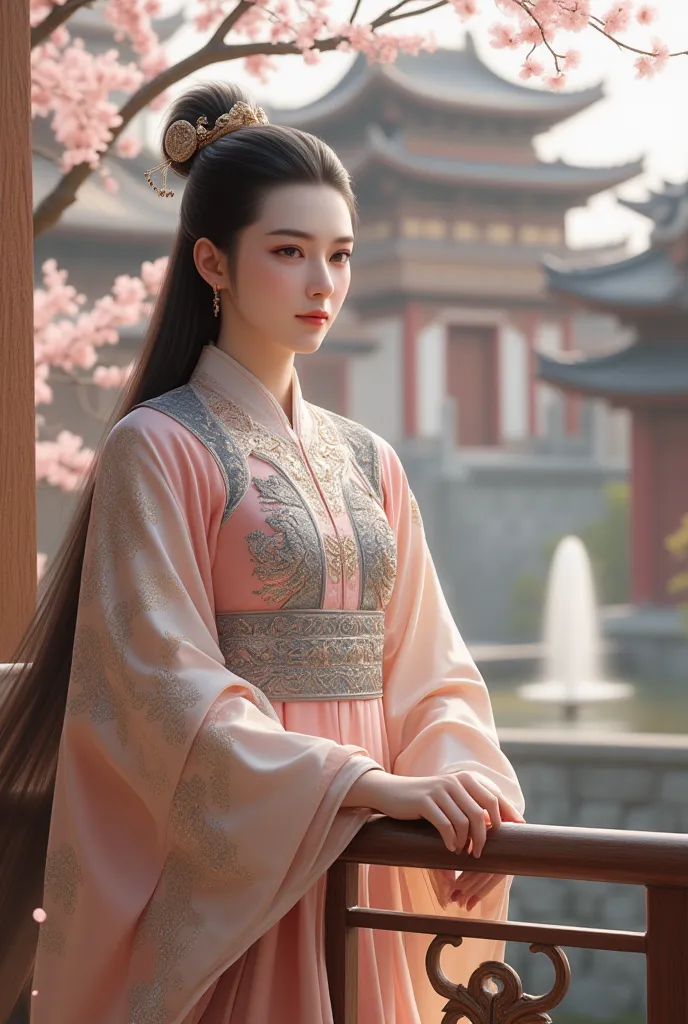 A handsome Chinese man with skin like polished ivory, dressed in an elegant ancient Hanfu, intricately embroidered with silver thread and fine silk. His long-sleeved robe swayed gracefully in the wind, complemented by traditional accessories that spoke of ...