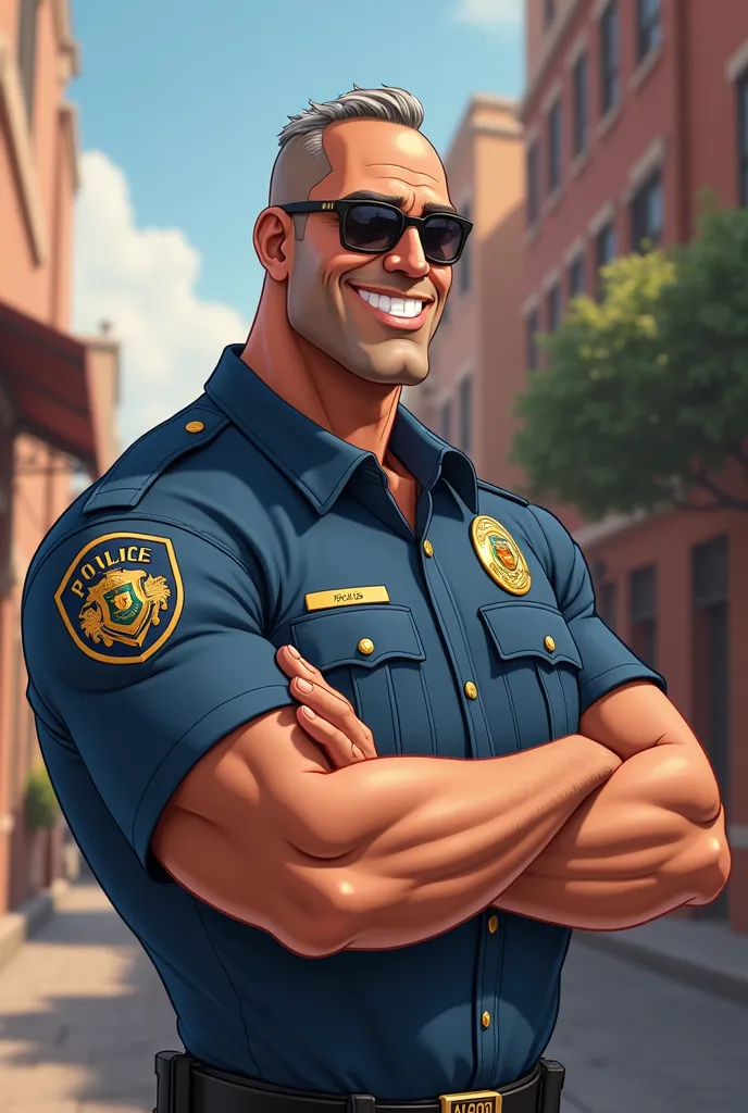 a Disney style,full body stronge police smiling, oculos escuros,40 year old man with shaved brown hair, with bits , art by Caravaggio of grey, wearing a blue shirt, full body
