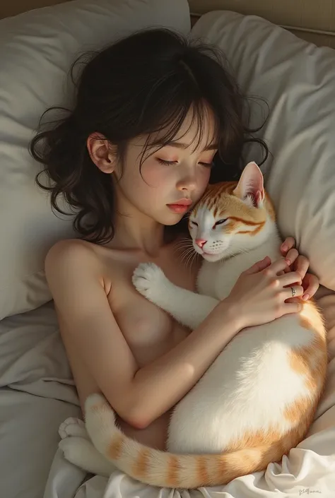 Small girl naked with a cat lay down over the bed