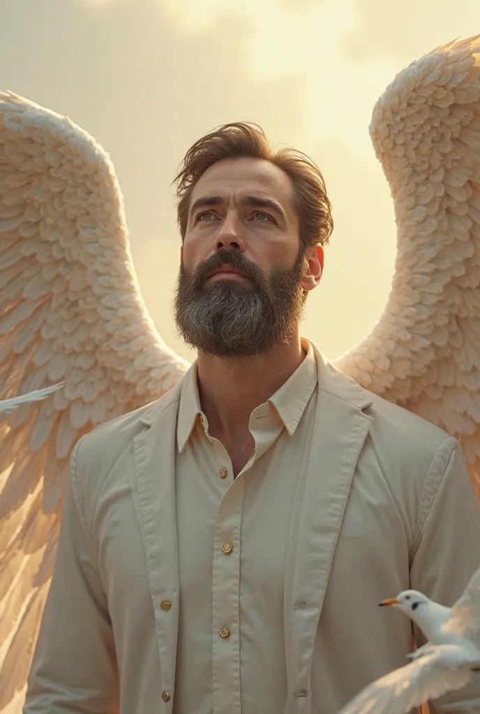 Man with a nice clean beard with angel wings with doves looking right