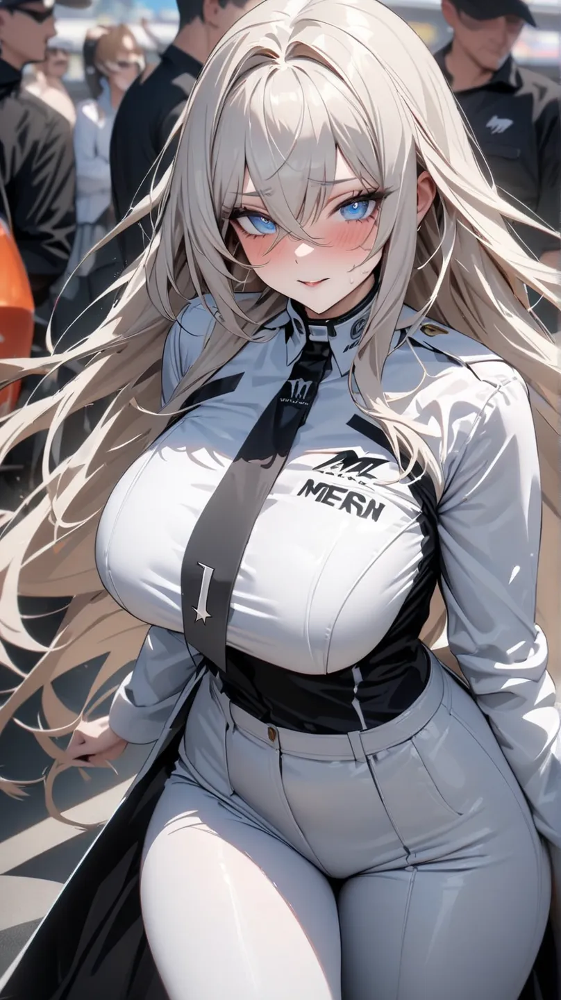 masterpiece , Modern, Verism, masterpiece,  super detail ,  Best quality , 4k ,(( adult face)), Women, wearing a white coat ,Mature Women アメスク Rubia ojos celeste
Cabello color blanco , PLANO AMERICANO,  long hair ,  Big breasts ,  blue eyes.   sonrisa prov...