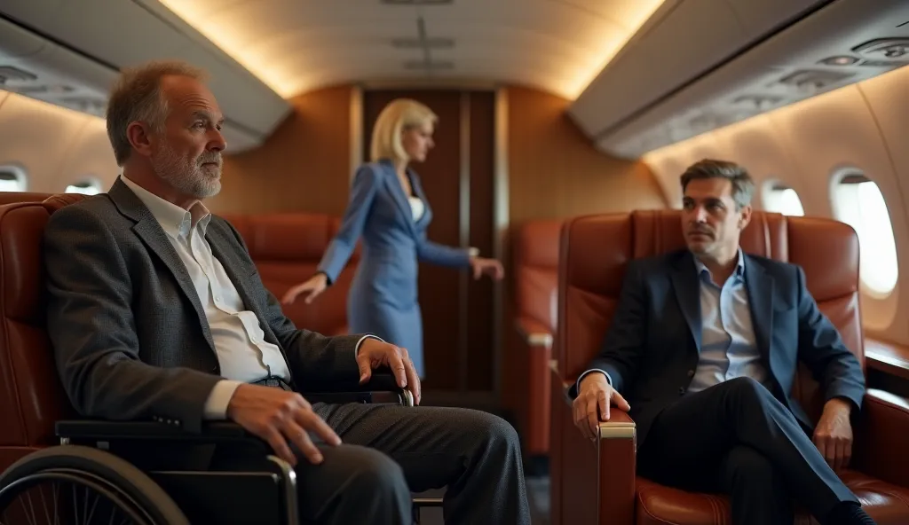 A photo realistic 16:9 shot inside the first-class cabin of a luxury airliner. Ethan Walker, a middle-aged man in a wheelchair, is politely asking for help with a pleading expression. He looks up at Marie with urgency. A visible wheelchair is beside him. M...