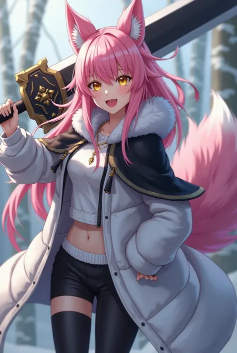 (maximum quality, best quality,  official art , beautiful and aesthetic :1.2) female anime, wolf girl, rebellious girl, long pink hair with bangs covering the right side of the face,  golden eyes, pink wolf ears, voluminous pink tail,  voluminous white coa...