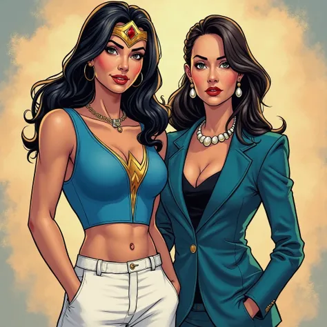 Diana Prince de DC Comics âgée de 28 ans (jeune) et mesurant 1m80 (plus grande). Diana ne porte pas de tiare, elle porte une veste courte bleu, en-dessous de la veste un débardeur dévoilant un petit peu son décolleté et son nombril, un collier dorée avec u...