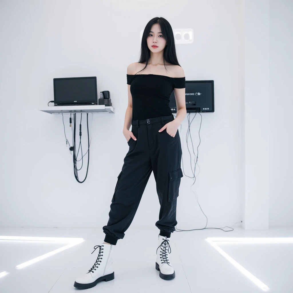 Woman in a white room black clothing pants on de cargo black with white women's tight leather boots military type black full body blouse with bare shoulders black and black hair that covers her face with monitors behind and a black laptop with the name of ...