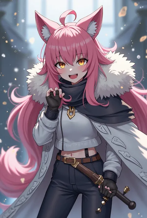 (maximum quality, best quality,  official art , beautiful and aesthetic :1.2) female anime, wolf girl, rebellious girl, long pink hair with bangs covering the right side of the face,  golden eyes, pink wolf ears, voluminous pink tail,  voluminous white coa...