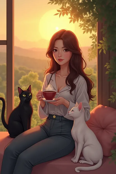 A haired woman with lights, in comfortable clothes, holding a cup of tea enjoying the sunset and next to her a black cat and a white cat