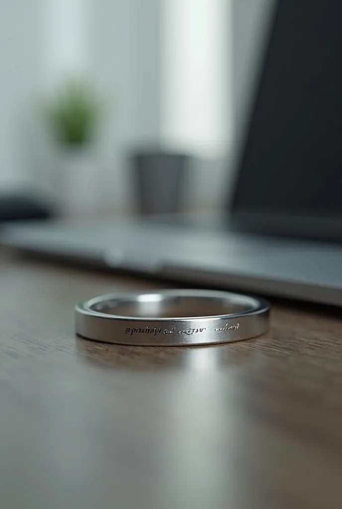 A closeup realistic image of a simple silver dog collar sitting on a desk in the office of a sex therapist  ((with the words ‘Ιδιοκτησία της Αναστασίας’ written on))