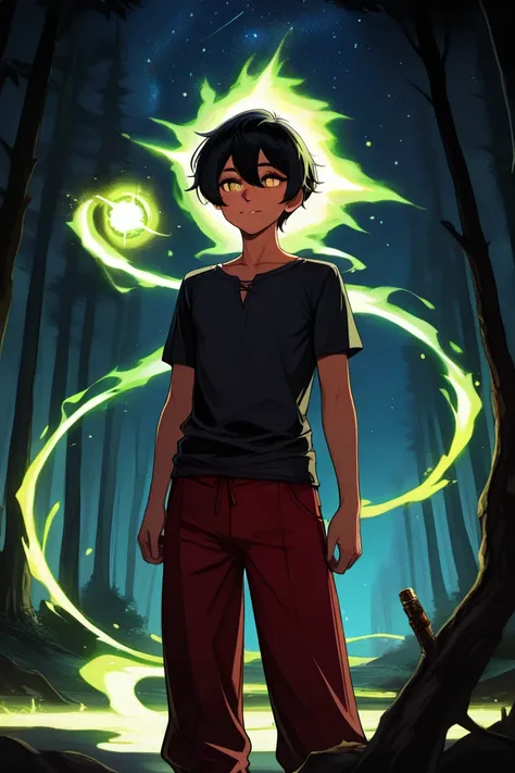 man,  thin, adult, commodity,  short black hair , golden eyes and dark skin, male androgynous face with freckles on the cheeks.  high. Black magic around you in the shape of a bright neon green arc In the depths of a forest with thousands of stars illumina...