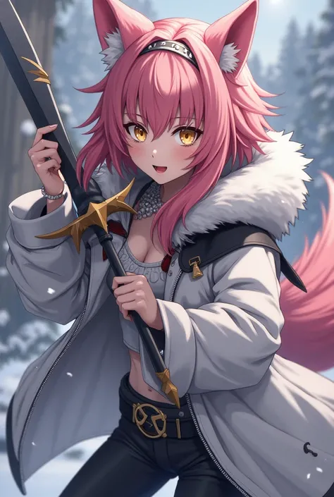 (maximum quality, best quality,  official art , beautiful and aesthetic :1.2) female anime, wolf girl, rebellious girl, long pink hair with bangs covering the right side of the face,  golden eyes, pink wolf ears, voluminous pink tail,  voluminous white coa...