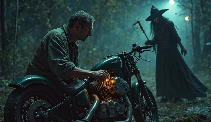 A man is fixing his motorbike at night when a witch appears in front of him. 