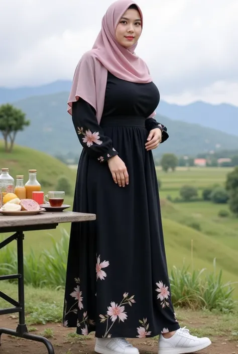 (Full body of a better masterpiece:1.5)0.9],an asian woman with soft pink hijab muslim curvy body, wearing a long plain black shirt, a long black skirt with a floral pattern, white newbalance shoes, standing on a hoberboard, a folding table full of food, a...