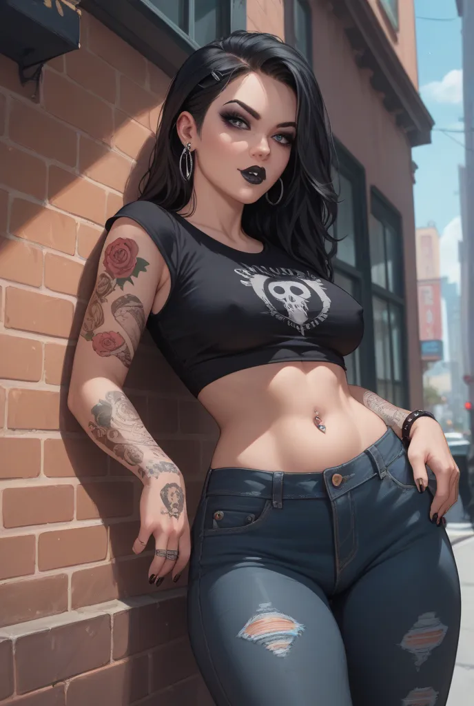 Create a picture of a small goth Girl in tight Short jeans and a top that is Standing in a Corner of a city leaning onto a wall. She Has medium-sized black hair and a lot of tattoos all over her body. Also she has thick thights and Smiles seductively. She ...