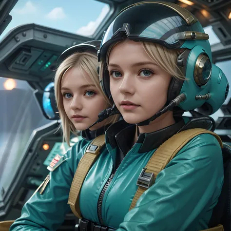 Kasia, little Polish girl, slim, green eyes, long hair, blonde, fighter pilot, Teal coloured uniform, no long blonde hair, brown eyes, science fiction, in the cockpit of a battle starfighter, pilot suit, an exoculate, helmet, ready for battle, Fantasy Deta...