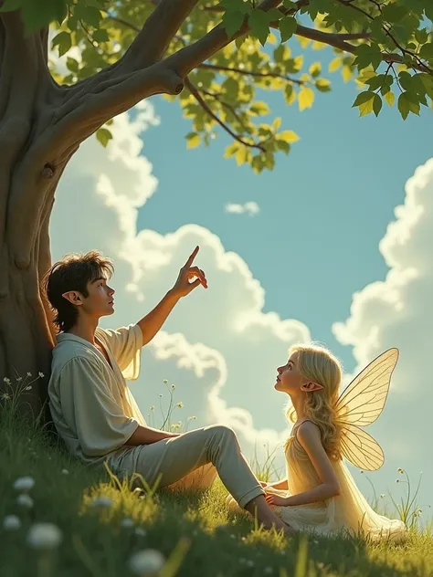 A highly detailed photo realistic glowing blurry dreamlike macro portrait macro of a  male elf and an  fairy reclining propped up on their elbows in early morning light under a leafy tree looking up into the sky at fluffy white cumulous clouds in a blue sk...