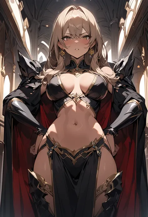 ((Greatest Masterpiece,Ultra High Quality:1.2)),(super resolution),(solo),cowboy shot,Palace of Darkness,A slender empress standing with her hands on her hips in front of a throne,beautiful faces, healthy tan skin ,Light brown long hair,Perfect brown eyes,...