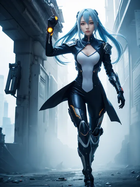 Cyberpunk anime soldier girl, full body, beautifully detailed hair and eyes, wearing sophisticated blue and black power suit, futuristic armor with shiny details, advanced technology, futuristic characters, long blue hair, cold lighting anime illustration,...