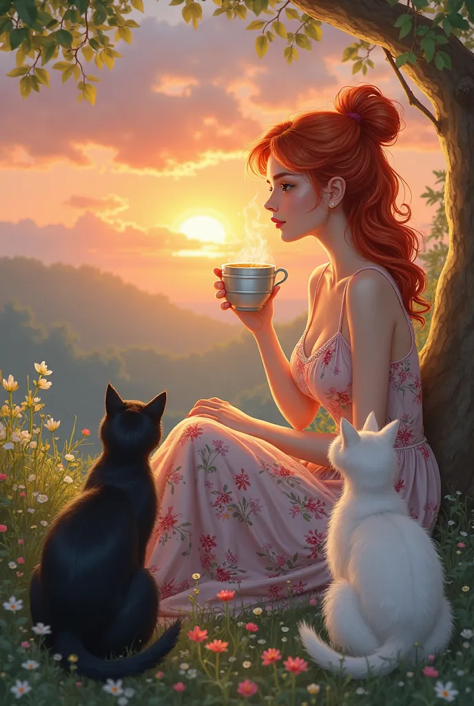 A brightly haired woman in a flowery dress, holding a cup of tea watching the sunset and next to her a black cat and a white cat